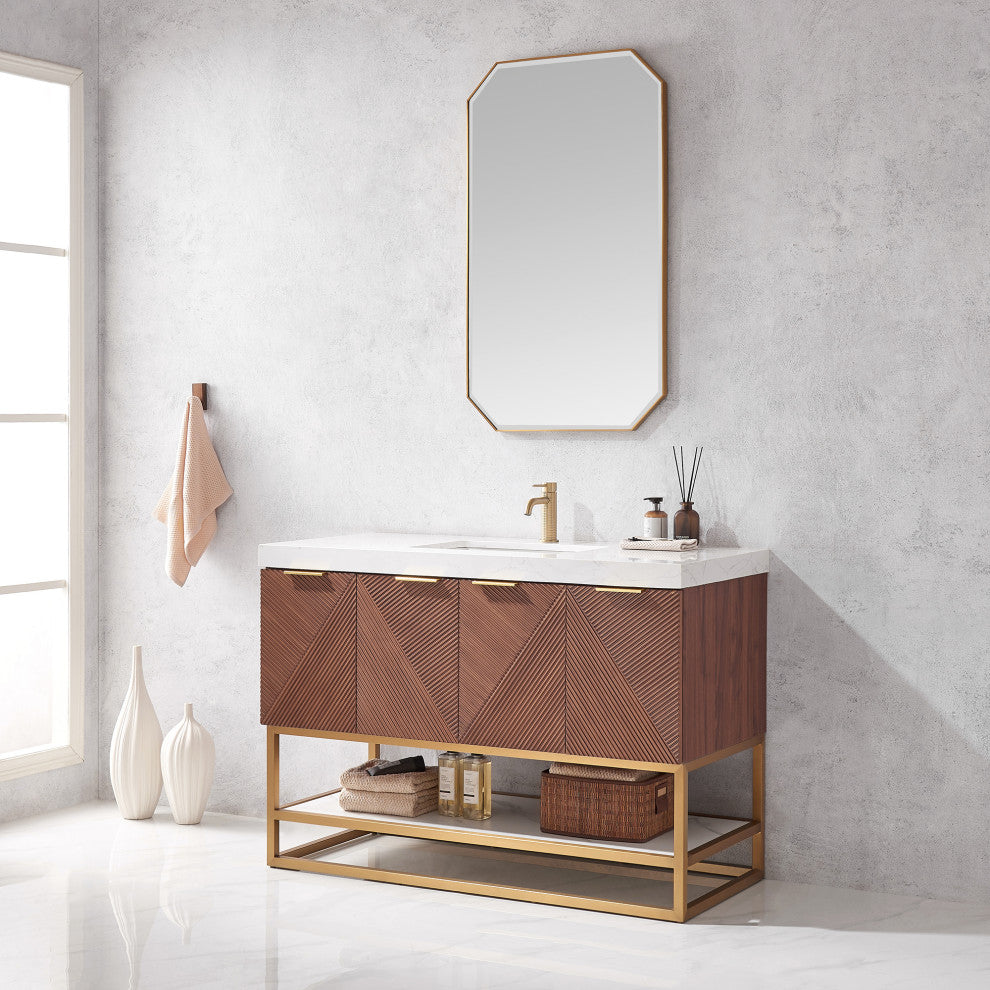 Mahon Bath Vanity, Stone Top, Brushed Gold Base, 48", Single Vanity, No Mirror