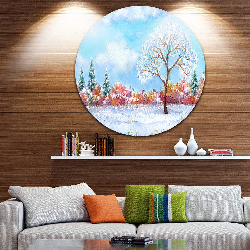 Tree In Winter, Watercolor Painting Landscape Disc Metal Wall Art, 23"