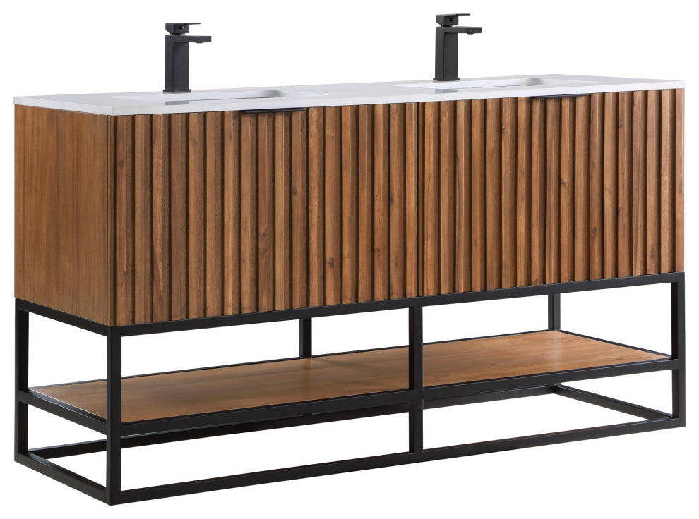 Terra Bathroom Vanity, Walnut/Matte Black, 60", Calacatta Quartz Top