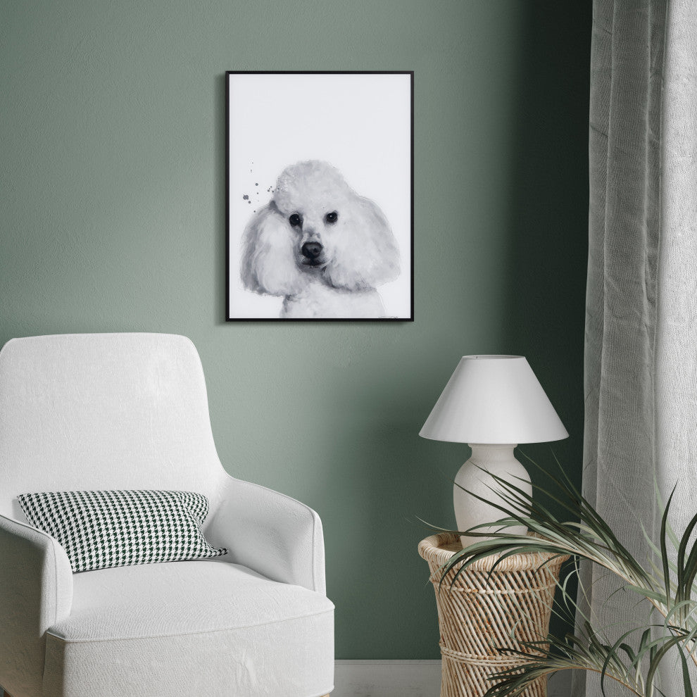"Poodle" Black, White Portraits Printed Art Glass With A Black Aluminum Frame