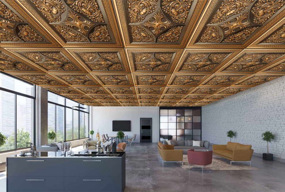 Antique Gold 3D Ceiling Panels, 2'x2', 100 Sq Ft, Pack of 25