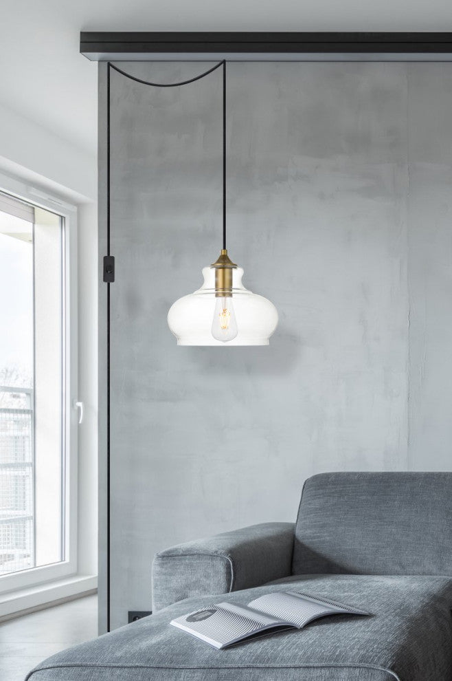 Dakota 1-Light Brass Plug-In Pendant With Clear Glass
