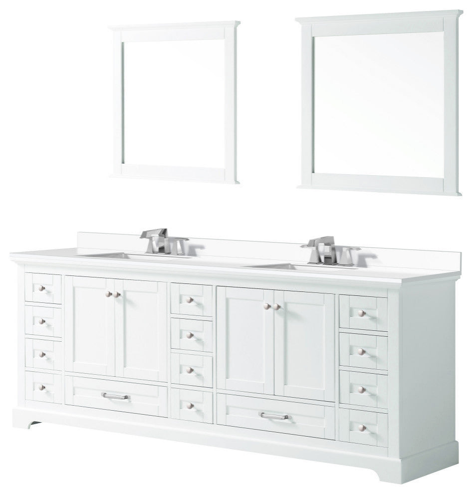 Dukes 84" White Double Square Sink Vanity with Quartz Top, With Faucet and Mirro