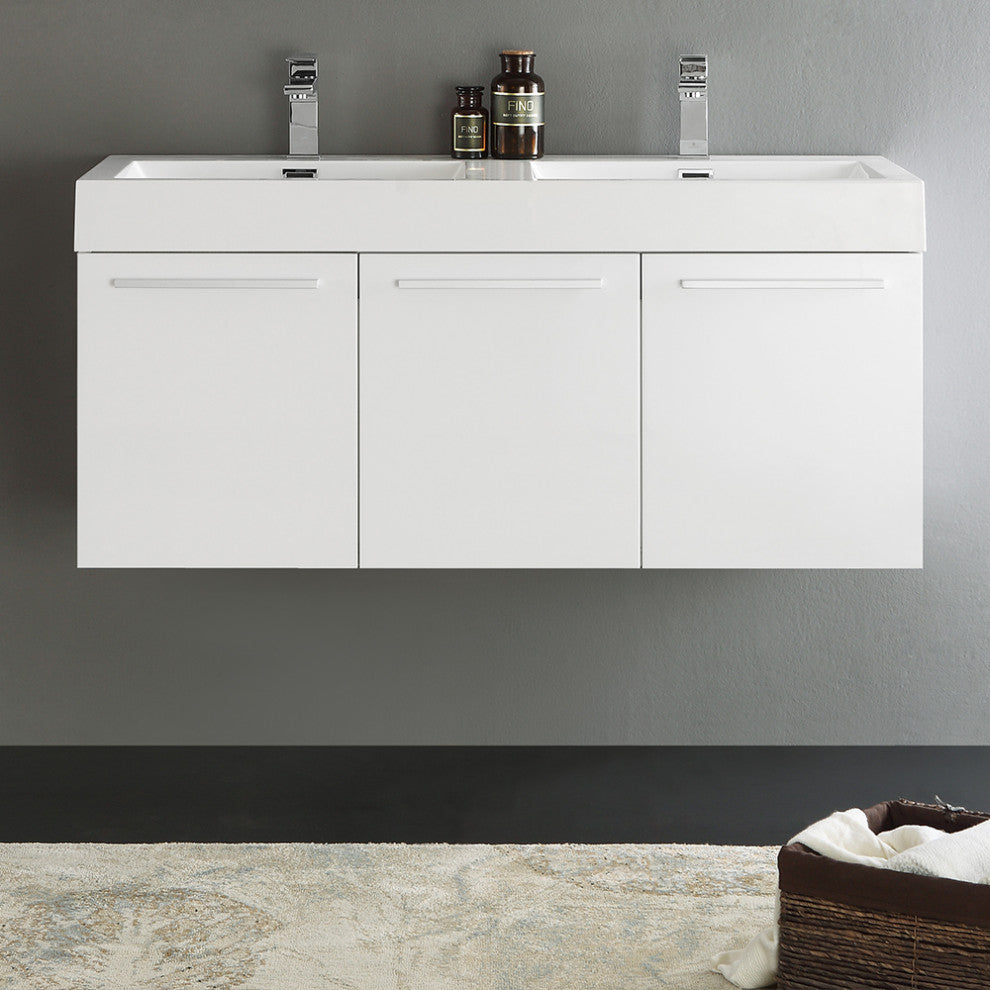 Vista 48" White Wall Hung Double Sink Modern Bathroom Cabinet w/ Integrated Sink
