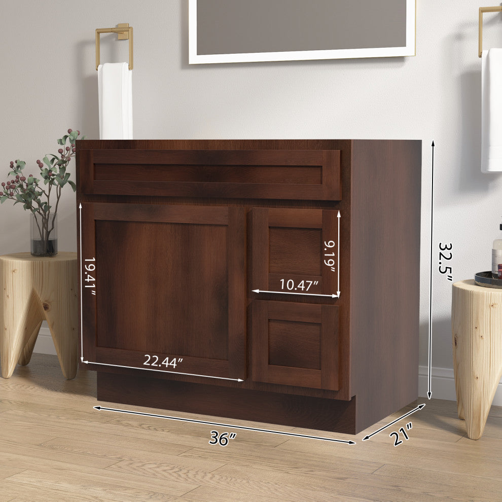 Vanity Art Vanity Base Cabinet, No Top, Drawers on Right, 36", Brown