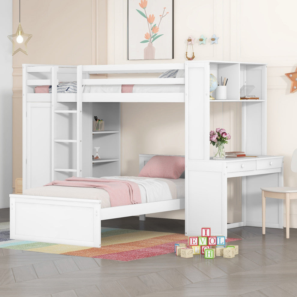 Gewnee Wood Twin size Loft Bed with Platform Bed and Wardrobe in White