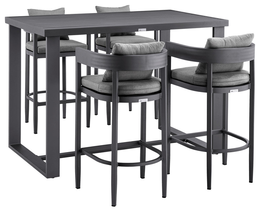 Argiope Outdoor Patio 5-Piece Bar Table Set, Aluminum With Gray Cushions