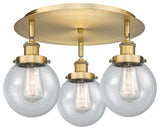 Beacon-3 Light 18" Flush Mount-Brushed Brass, Seedy Glass Shade