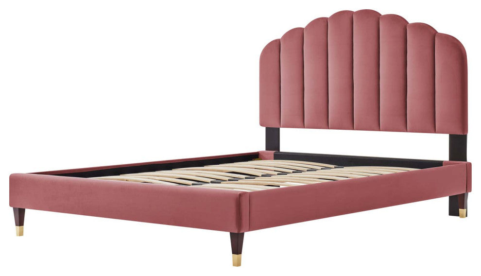 Platform Bed Frame, Queen Size, Pink, Velvet, Modern, Bedroom Guest Suite