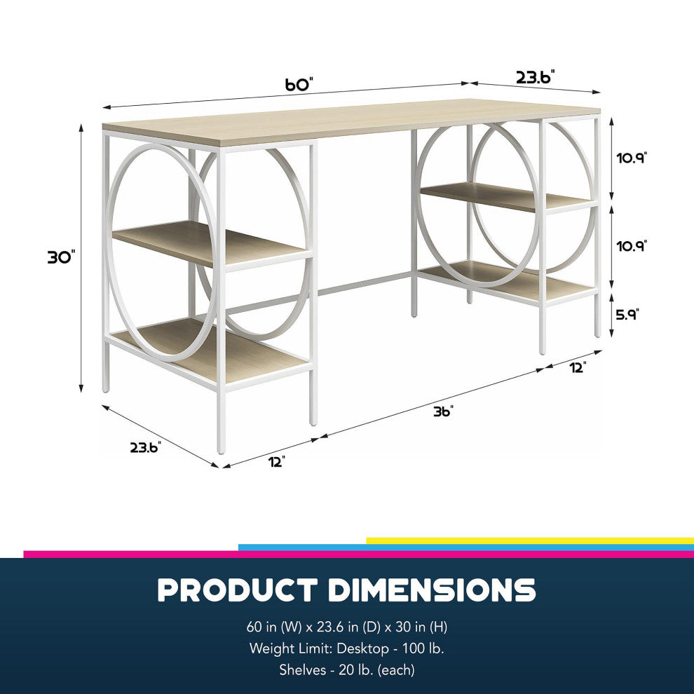 Unique Desk, Double Pedestal Base With Circle Accents & Shelves, Woodgrain/White