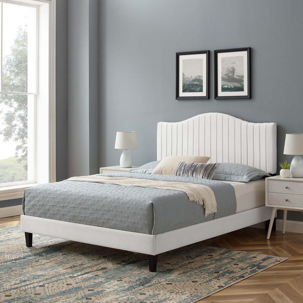 Tufted Platform Bed Frame, Queen Size, Velvet, White, Modern Contemporary