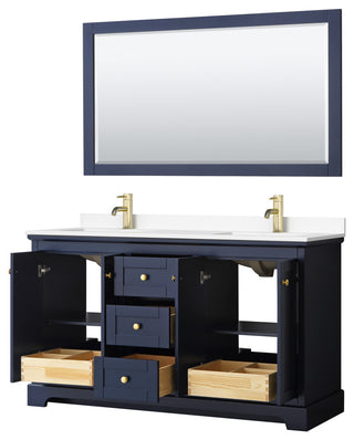 Avery 60, Double Vanity, Dark Blue, White Marble Top, SQ Sinks, 58, Mirror