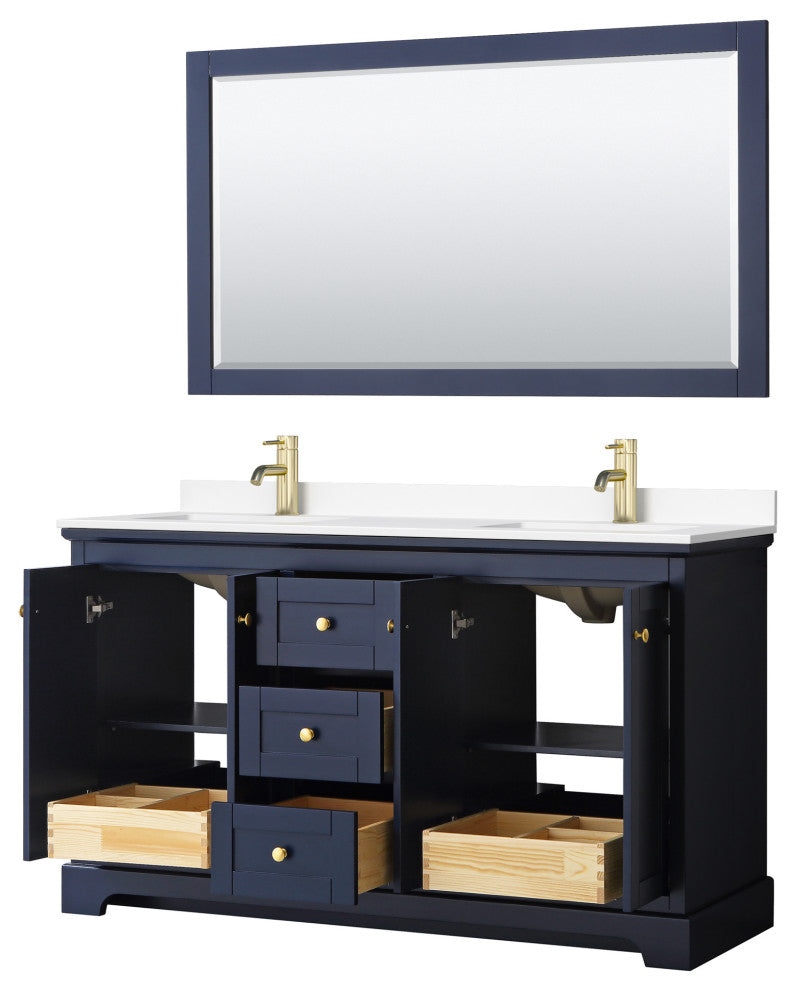 Avery 60, Double Vanity, Dark Blue, White Marble Top, SQ Sinks, 58, Mirror