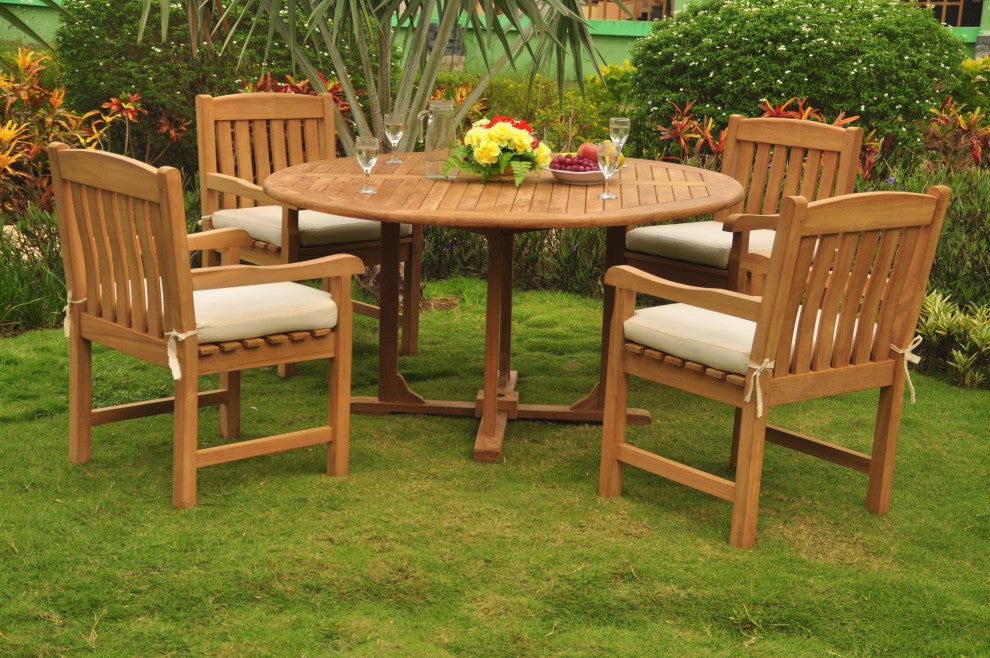 5-Piece Outdoor Patio Teak Dining Set, 60" Round Table, 4 Devon Arm Chairs