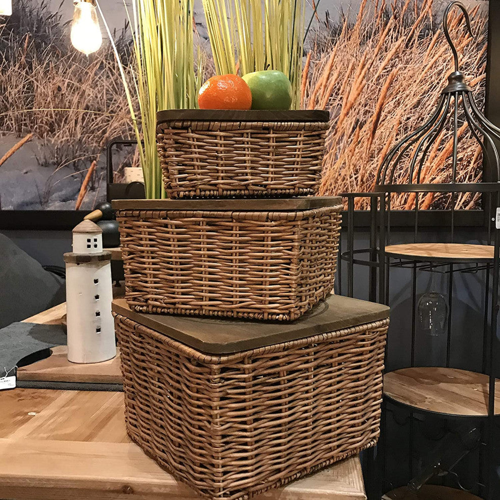 3 Piece Wicker Boxes and Wooden Lids Set