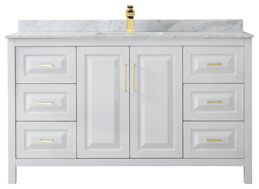 60" Single Bath Vanity, White, White Carrara Countertop, Sink, Gold Trim