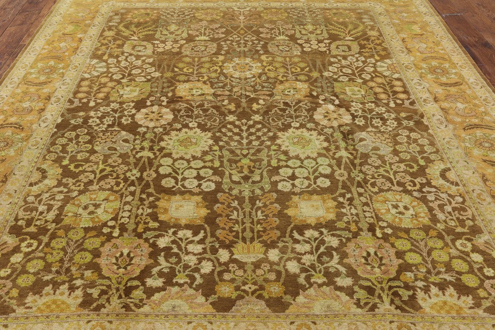 Oushak Peshawari Quality Brown Chobi Hand-Knotted Wool Rug, 8'x10'