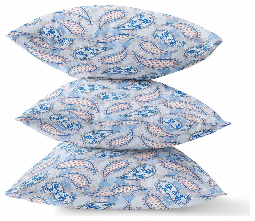 16" Blue Gray Boho Paisley Indoor Outdoor Throw Pillow