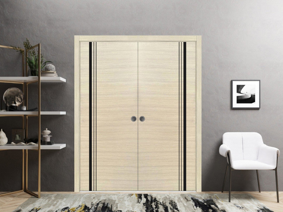 French Double Pocket Doors 48x96 | Planum 0011 Natural Veneer | Kit Trims Rail