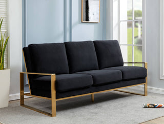 LeisureMod Jefferson Modern Design Velvet Sofa With Gold Frame, Black