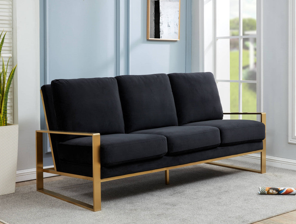 LeisureMod Jefferson Modern Design Velvet Sofa With Gold Frame, Black