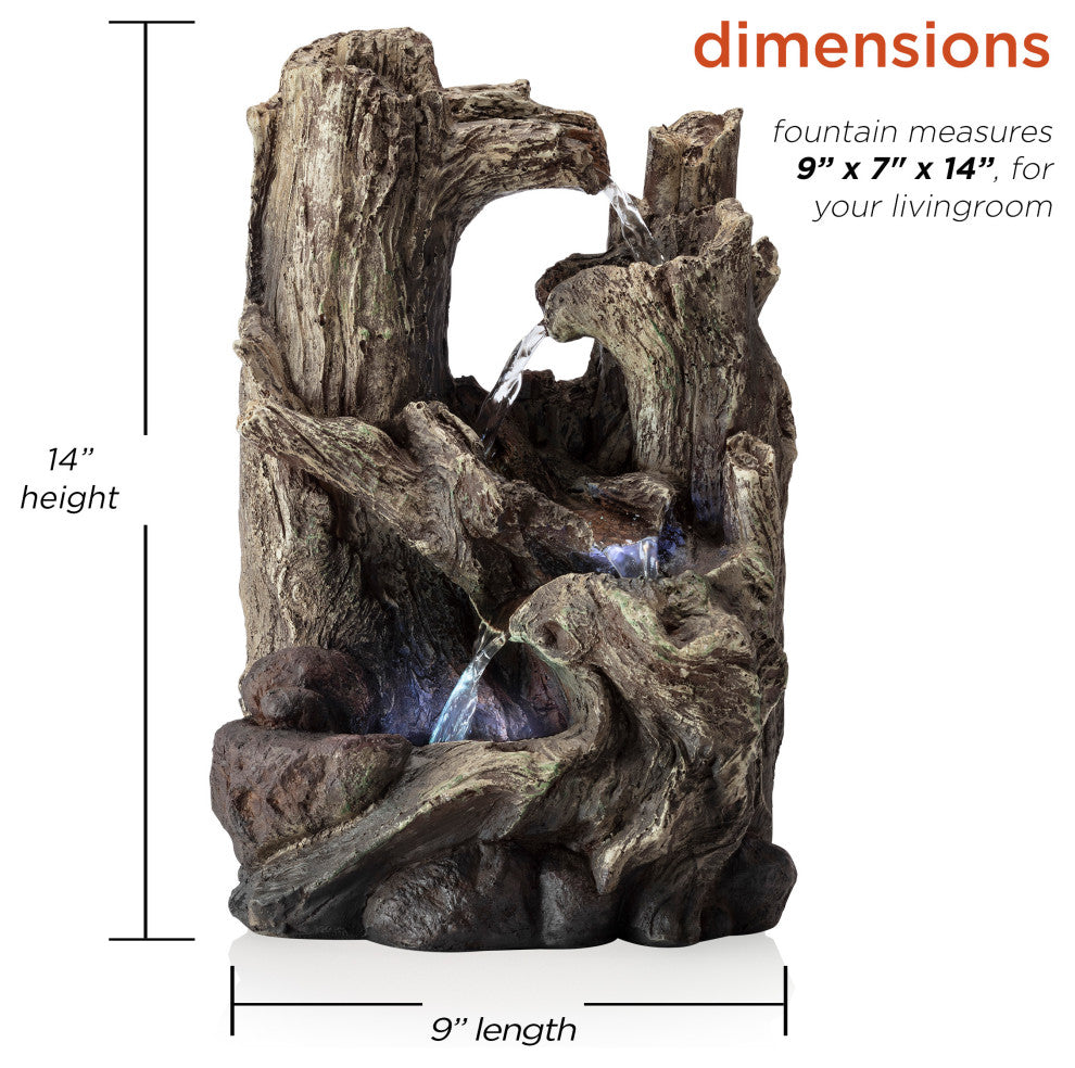 Alpine 5-Tiered Rainforest Tree Trunk Tabletop Fountain, LED Lights, 14" Tall