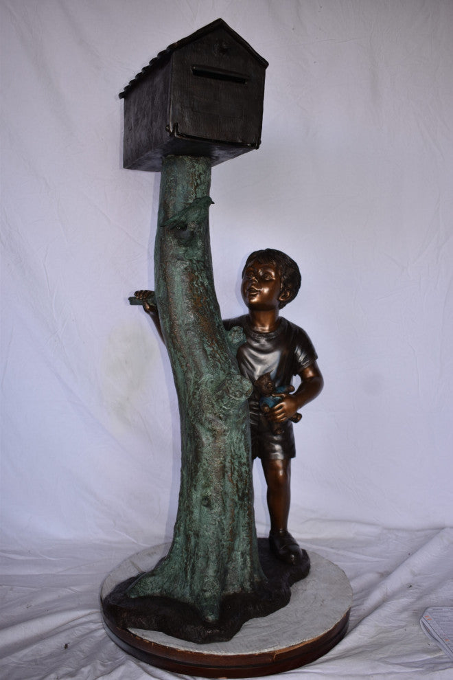 A Boy Standing by His Mailbox Looking at Birds Bronze Statue 25" x 22" x 51"H