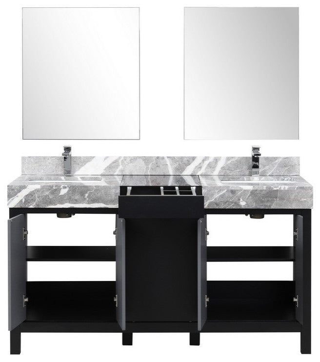 Zilara 60" Black and Grey Double Vanity Set, Monte Chrome Faucet Set