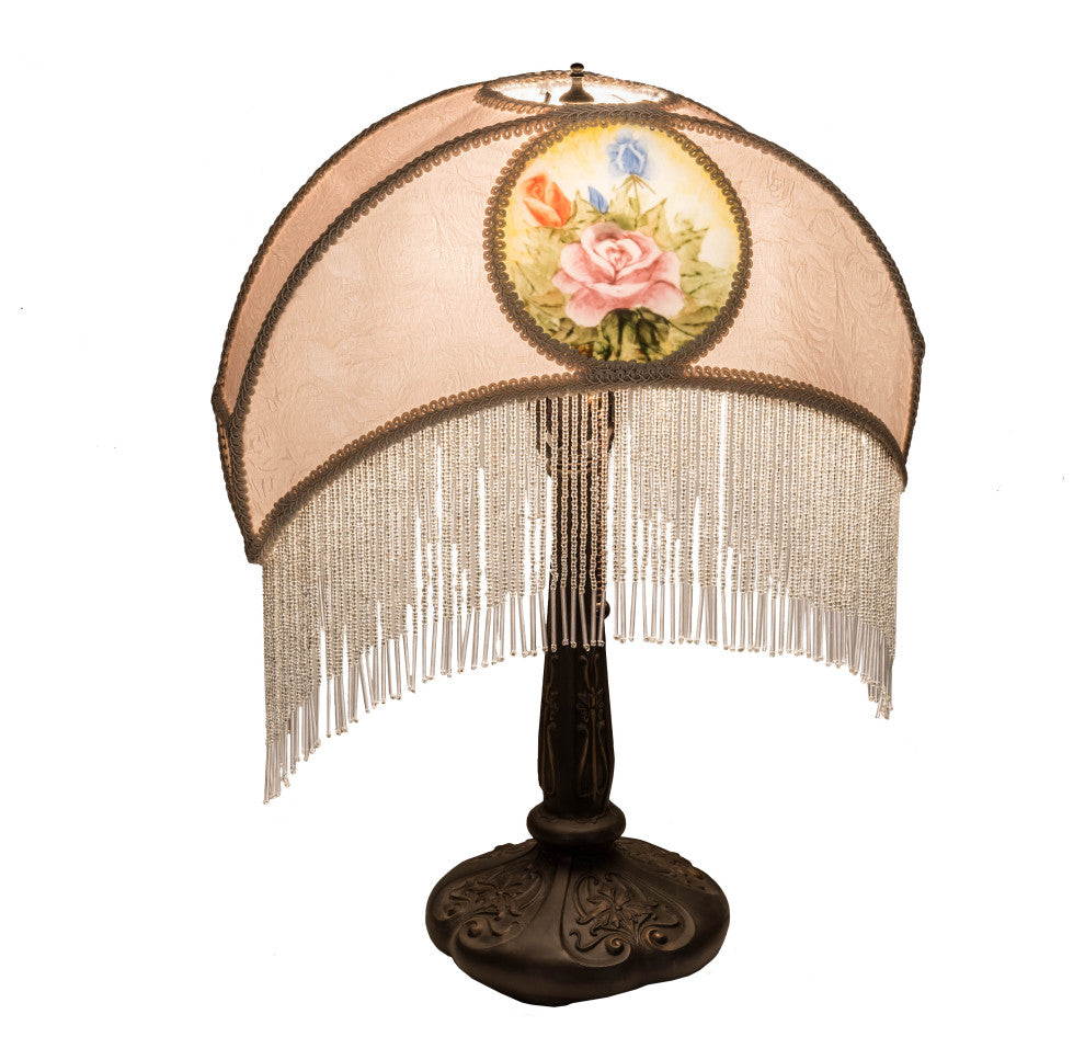 21 High Reverse Painted Roses Fabric with Fringe Table Lamp