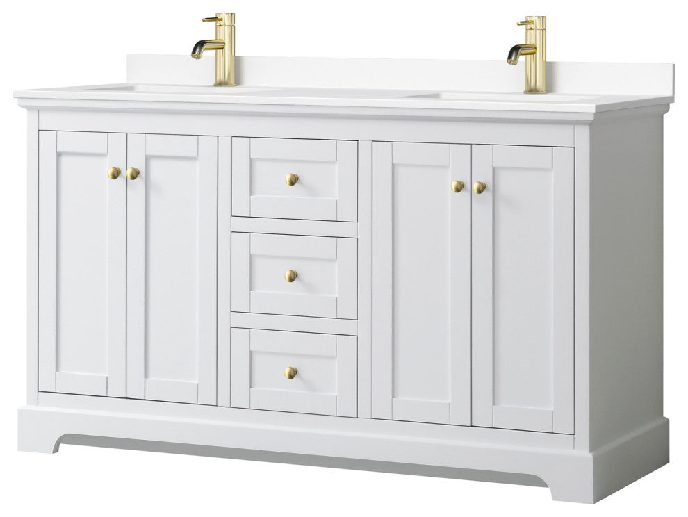 60"DBL Bath Vanity, White, White Cult. Marble Countertop, Sinks, Gold Trim
