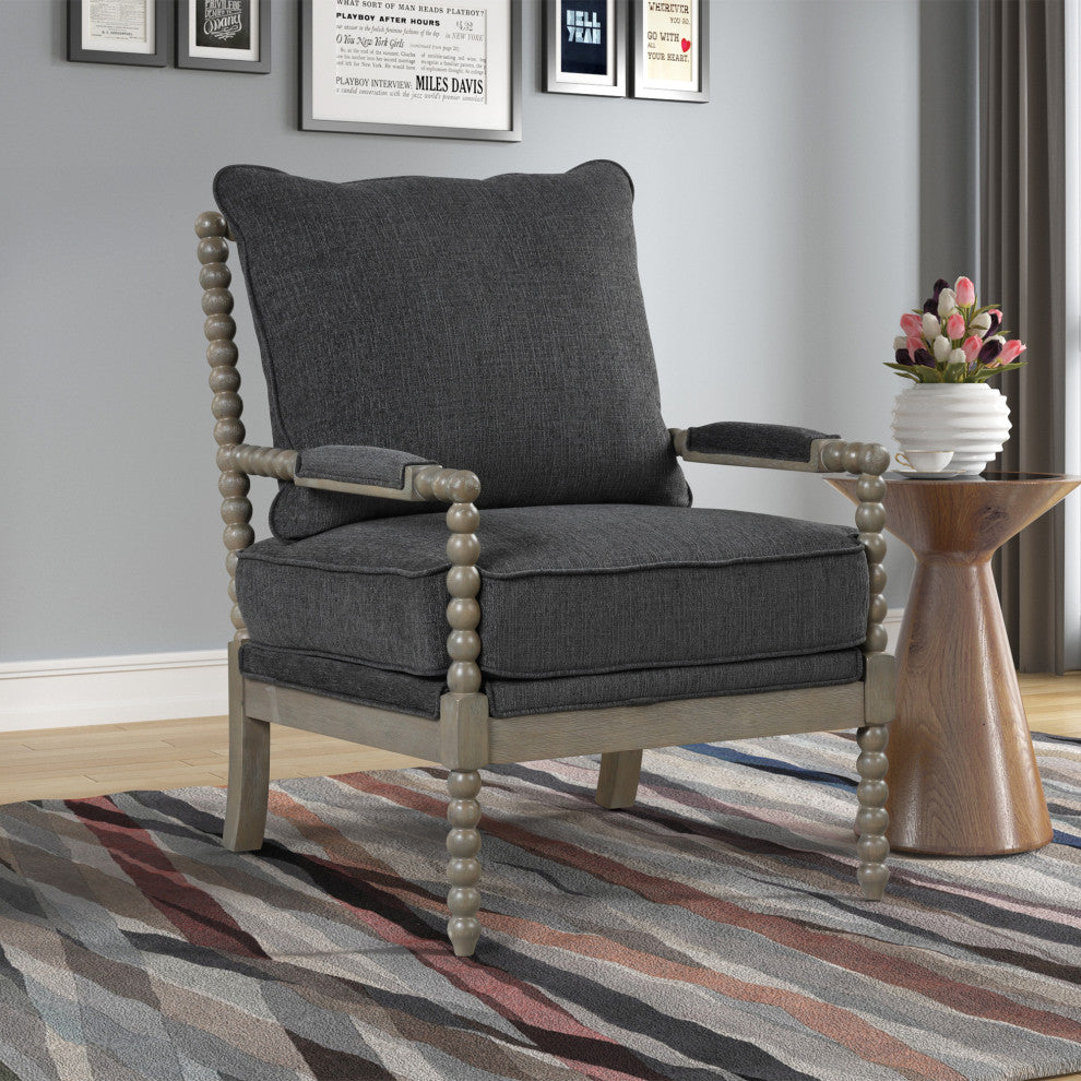 Hanako Transitional Accent Chair with Cushioned Wooden Arms, Charcoal/Antique Grey