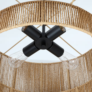 22"W 4-Light Rattan Tiered Drum Chandelier Light with Black Canopy, Natural