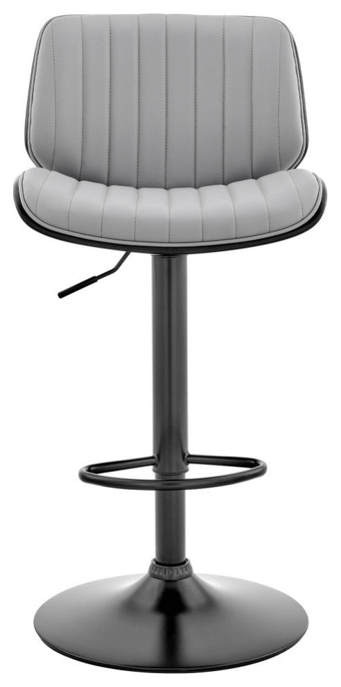 Brock Adjustable Gray Faux Leather and Walnut Wood Bar Stool With Black Base