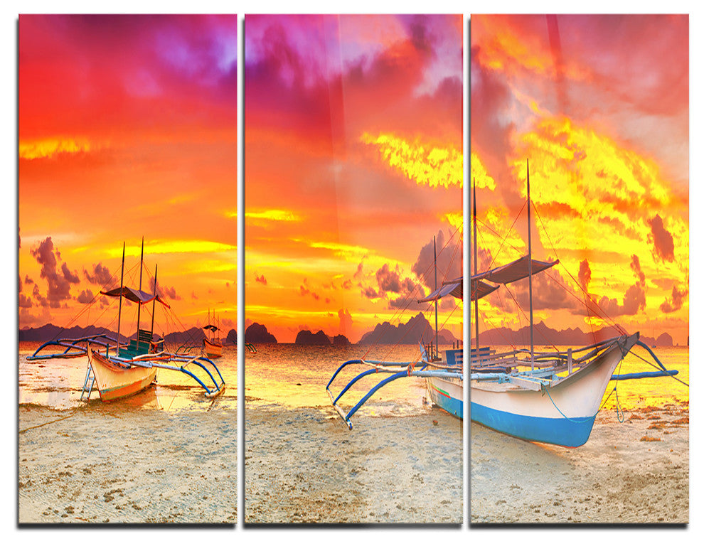 "Boat at Sunset Panorama" Glossy Metal Wall Art, 3 Panels, 36"x28"