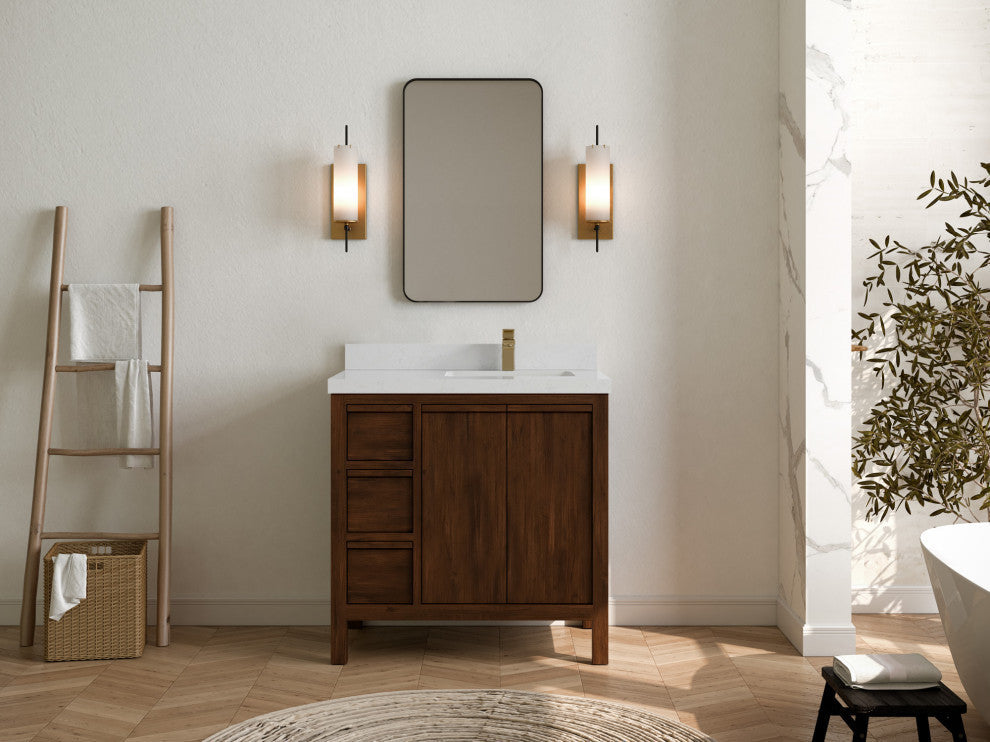 Elizabeth 36 Right Offset Bath Vanity in Dark Walnut Teak 2" Carrara Quartz
