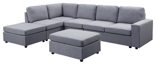 Cassia Light Gray Linen 7 Seat Reversible Modular Sectional Sofa with Ottoman