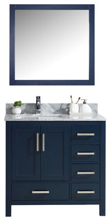 Jacques 36" Navy Blue Single Vanity Carrara Marble Top Sink, 34" Mirror Left