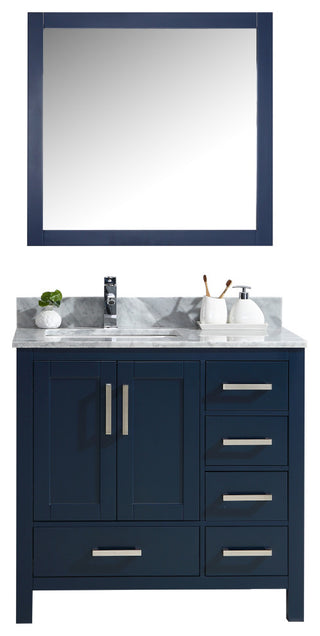 Jacques 36" Navy Blue Single Vanity Carrara Marble Top Sink, 34" Mirror Left