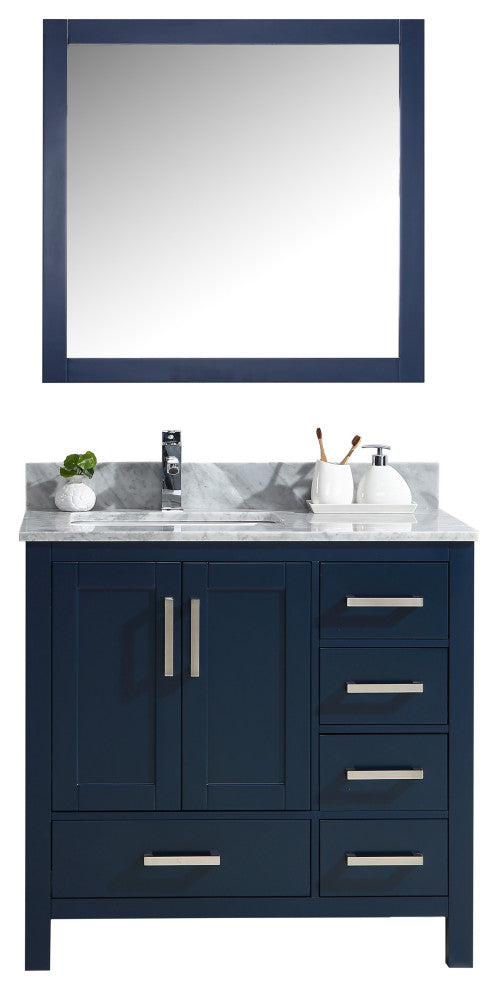 Jacques 36" Navy Blue Single Vanity Carrara Marble Top Sink, 34" Mirror Left