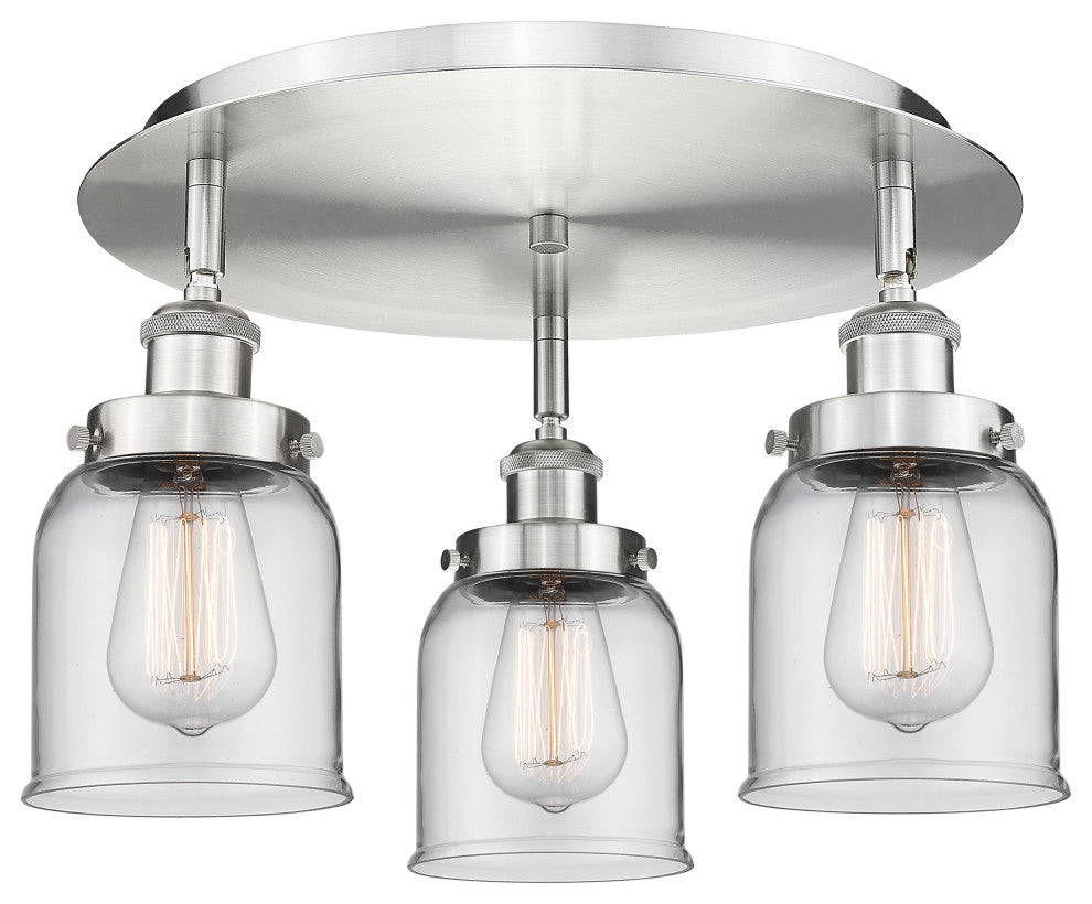 Bell-3 Light 17" Flush Mount-Satin Nickel, Clear Glass Shade