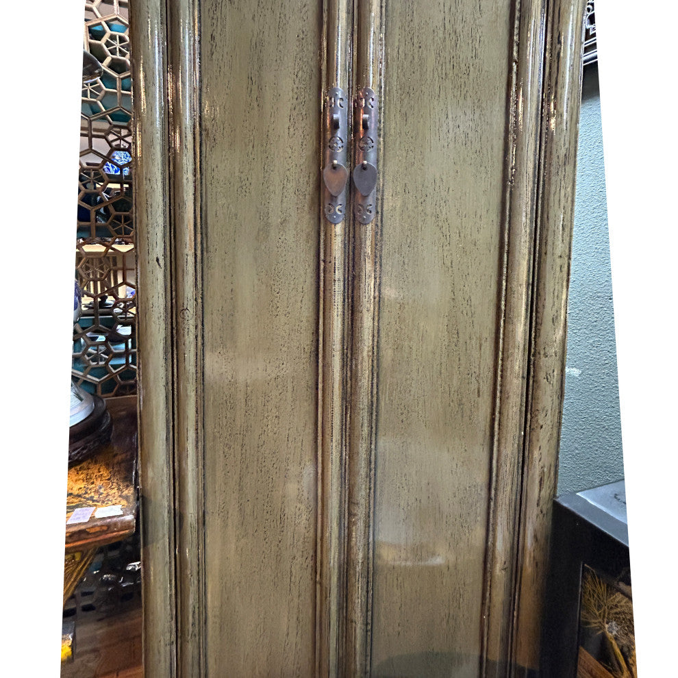 Oriental Distressed Mid Olive Green Tall Narrow Noodle Cabinet Armoire Hws4367