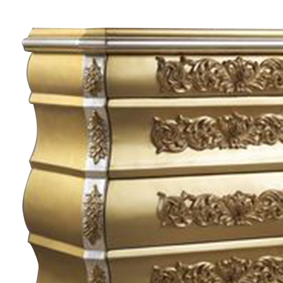 Benzara BM269591 Chest With 5 Storage and Scrolled Floral Design, Gold