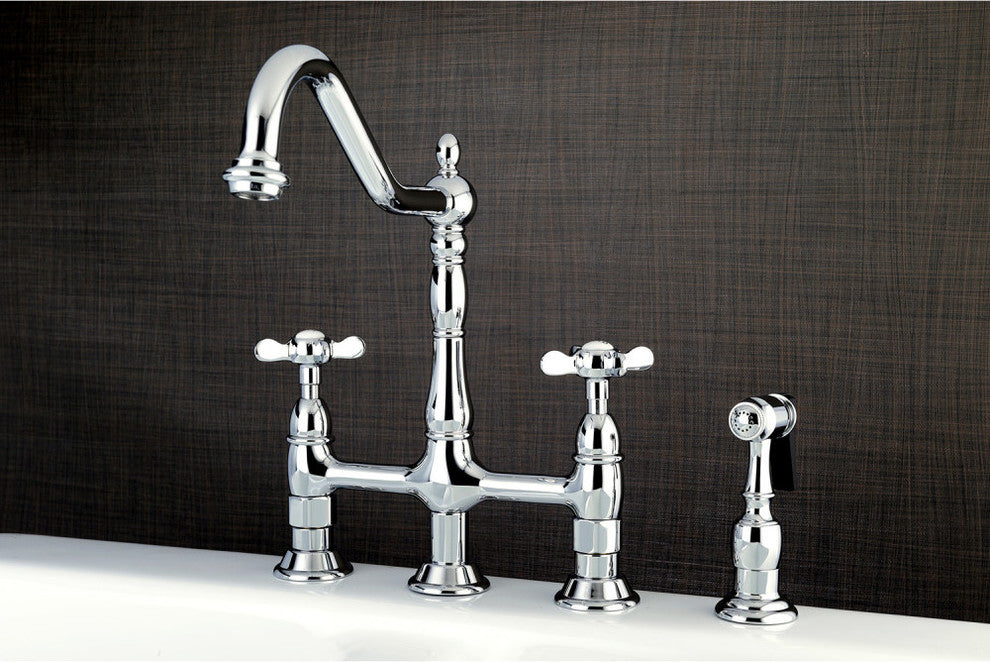 Bridge Kitchen Faucet, Brass Sprayer, Polished Chrome