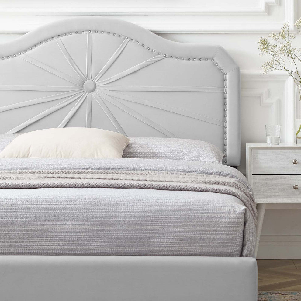 Platform Bed Frame, Full Size, Velvet, Light Gray, Modern Contemporary