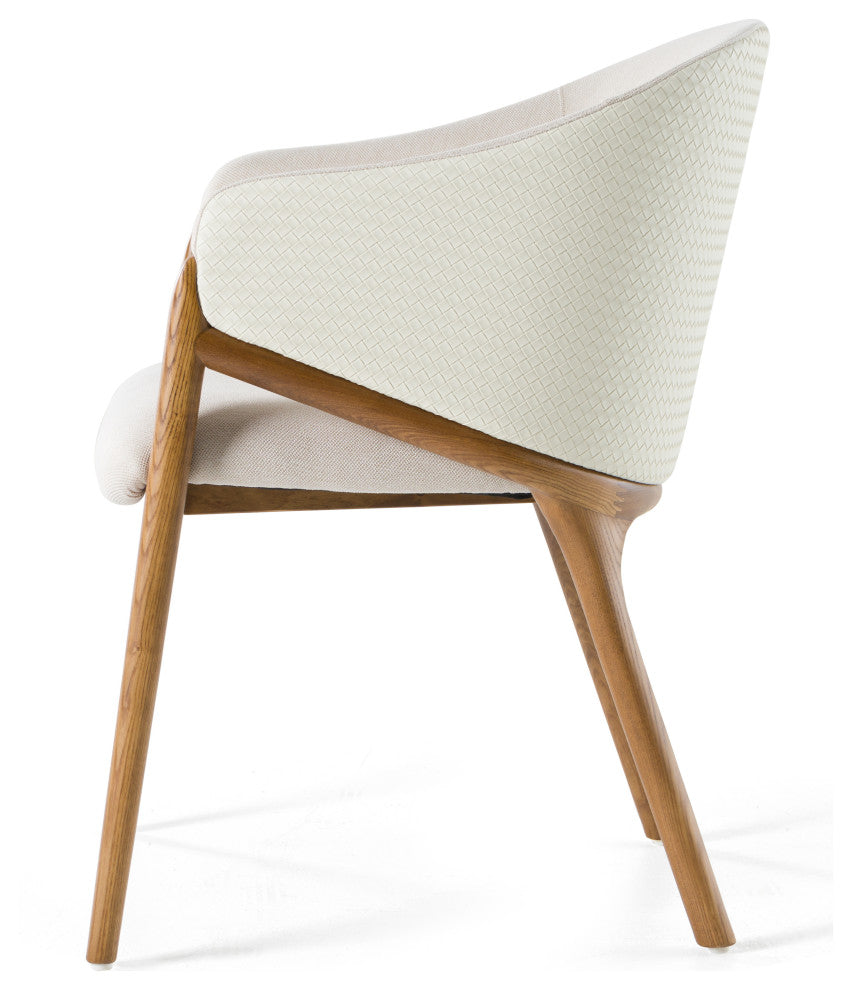 Modrest Lunde Cream Fabric, Vegan Leather & Walnut Arm Dining Chair