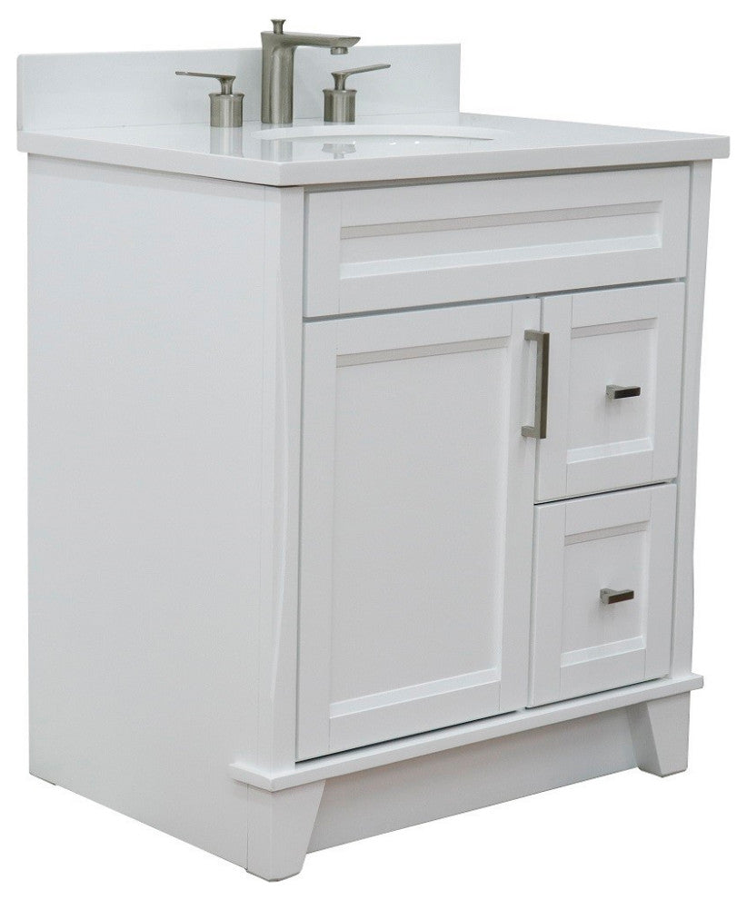31" Single Sink Vanity, White Finish With Engineered Stone Top With Oval Sink
