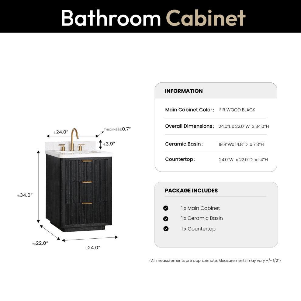 Vinnova Cadiz Bath Vanity, Composite Stone Top, Black, 24", No Mirror