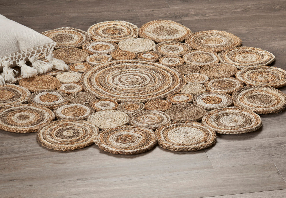 Multi-toned Intricate Circle Organic Jute Area Rug, 7'6" Round