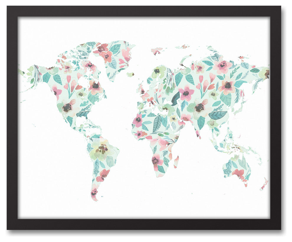 Floral World Map 16x20 Black Framed Canvas