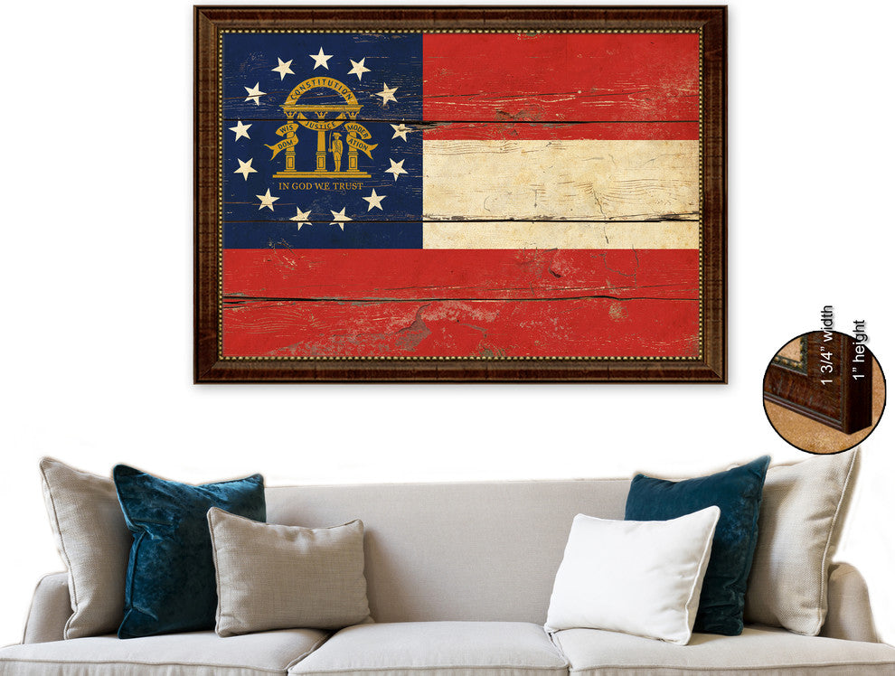 Georgia State Vintage Flag Print With Brown Gold Frame, 19"X27"